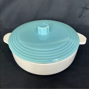 Vintage MCM USA Pottery Aqua Turquoise & Cream Covered Dish Casserole Onion Lid
